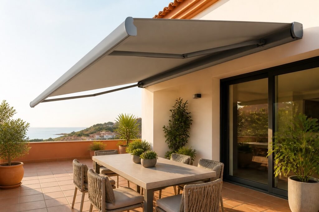 Toldo cofre extendido sobre una terraza moderna con mesa de comedor