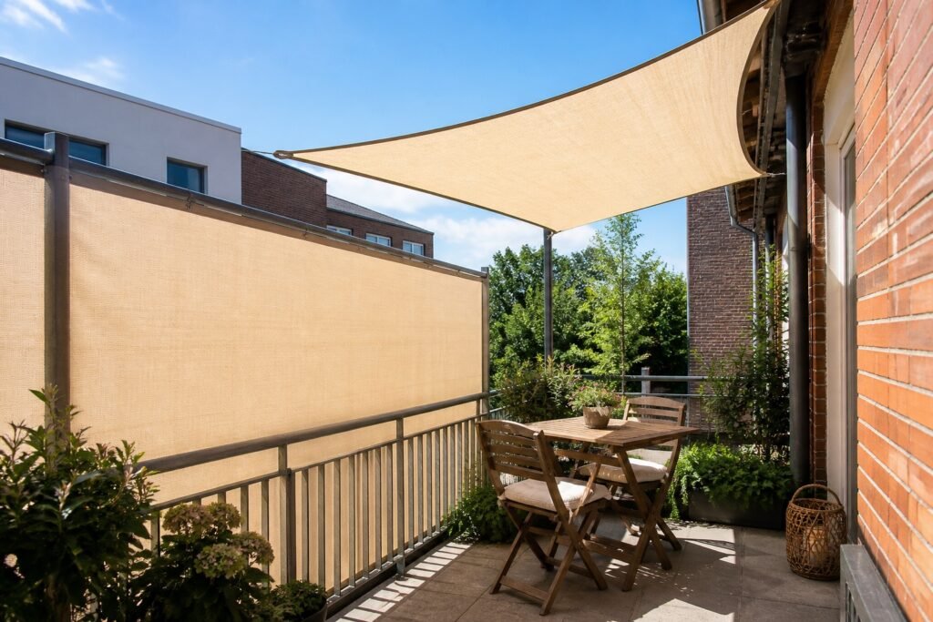 Toldo lateral de balcón y vela de sombra en un patio urbano