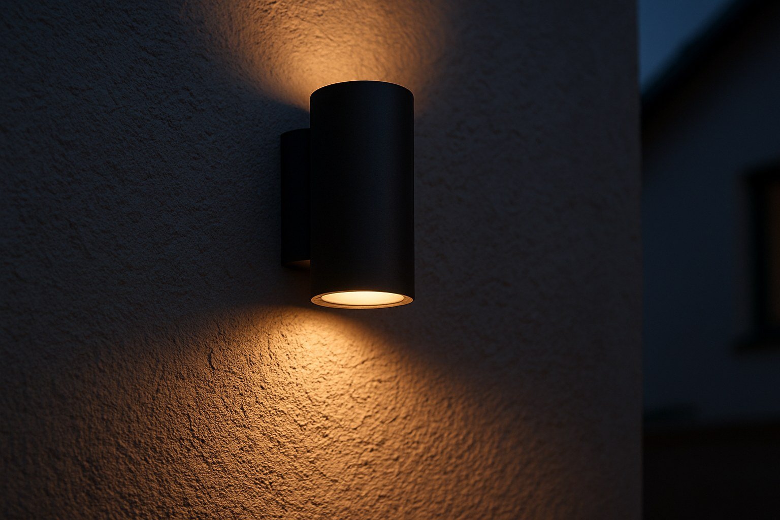 Aplique cilíndrico minimalista iluminando la textura de una pared de terraza