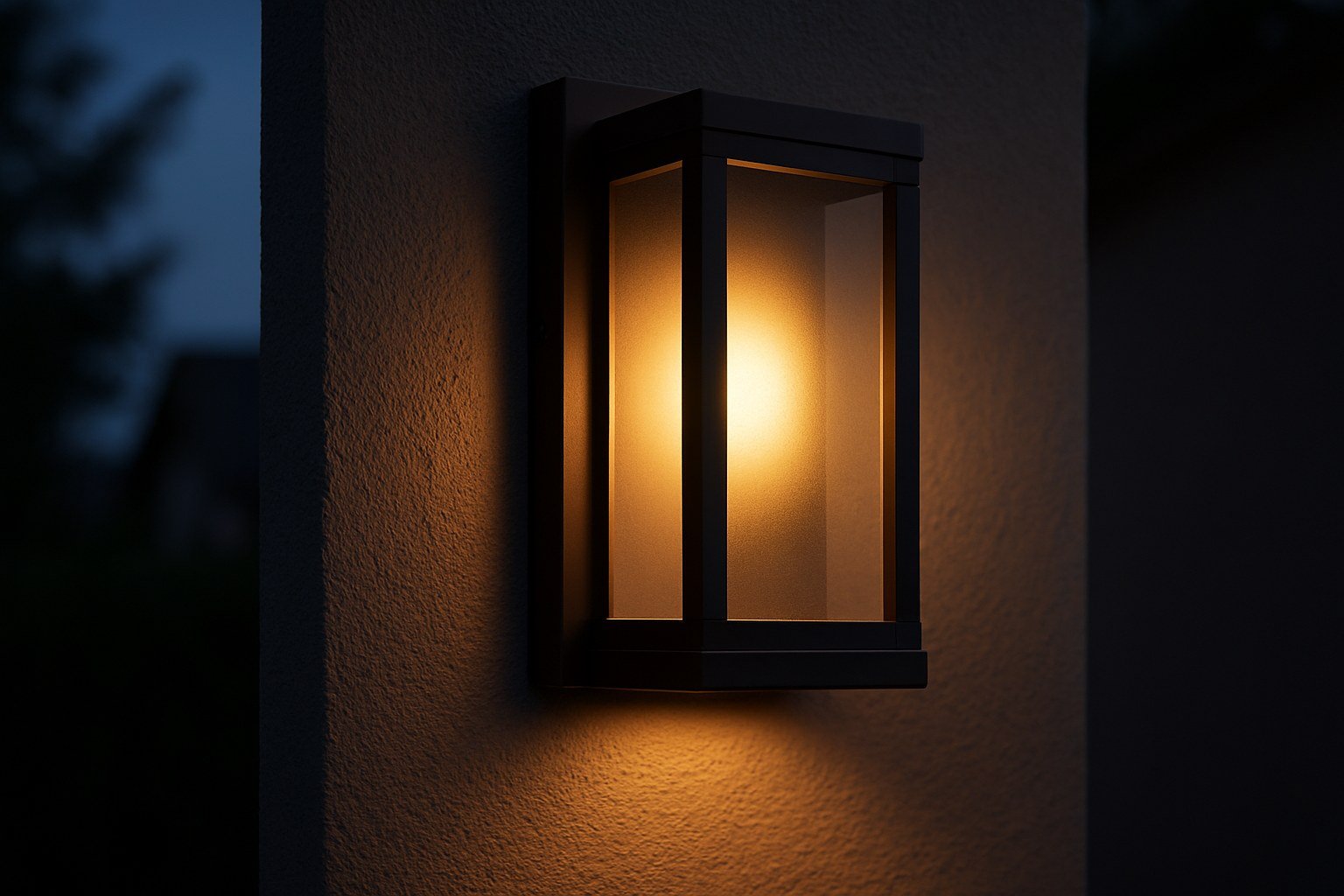 Aplique de pared moderno para exterior montado en una fachada, luz cálida al anochecer