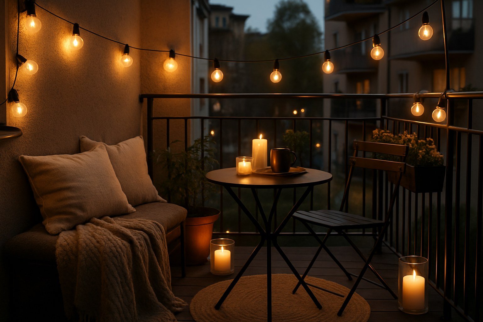 Balcón acogedor decorado con guirnalda de luces y mesa pequeña al anochecer