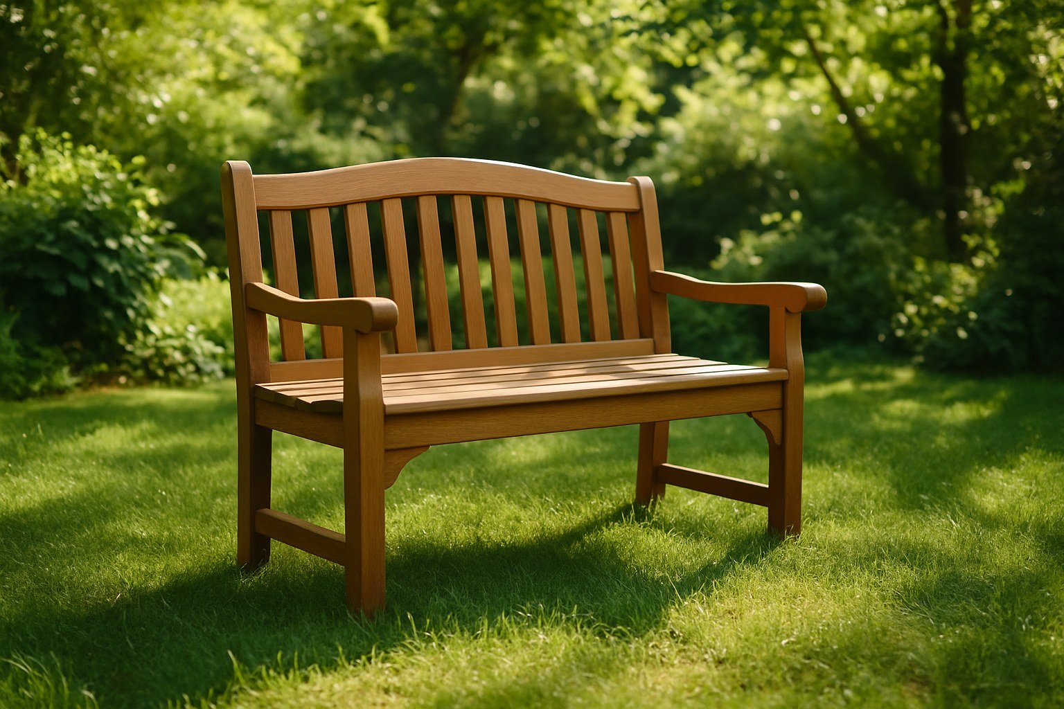 Banco de jardín de madera en un entorno verde con luz moteada