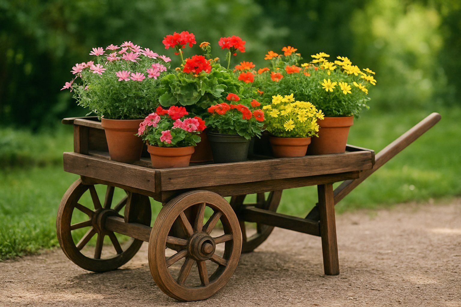 Carro de flores de madera rústico con plantas en maceta y ruedas en un jardín
