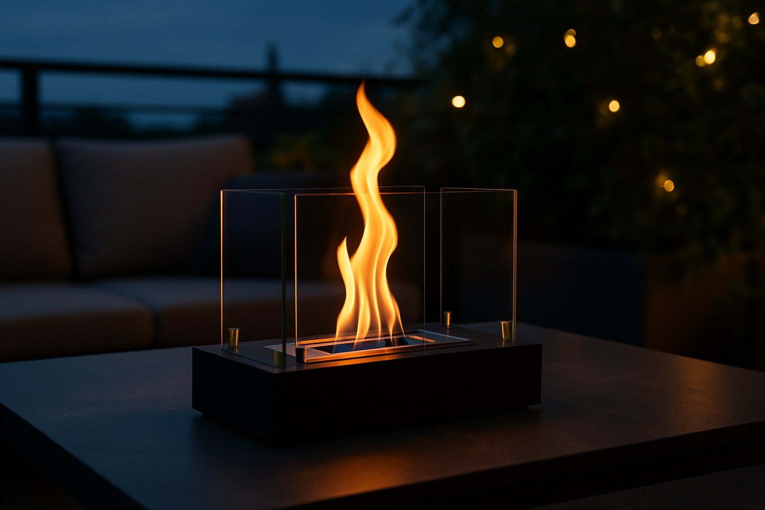 Chimenea de bioetanol con llama real sobre una mesa de terraza al anochecer