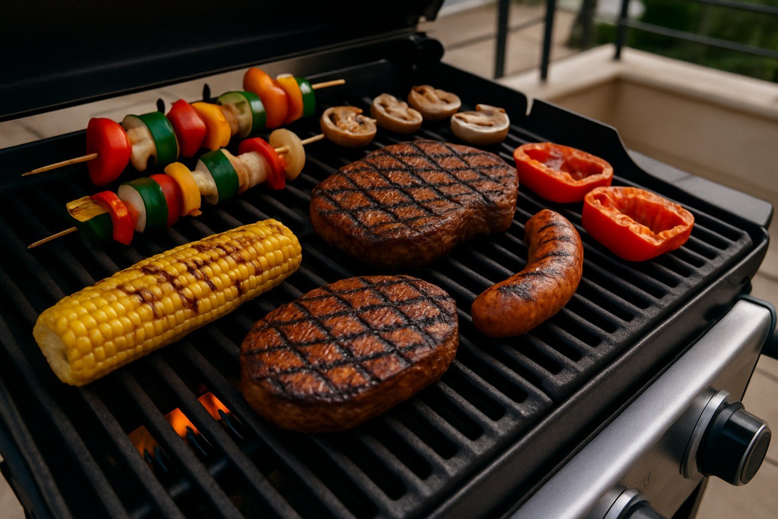 Comida cocinándose sobre la parrilla de una barbacoa de gas con marcas de rejilla visibles
