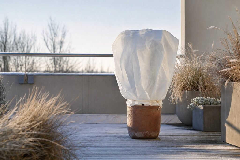 Planta de terraza protegida con manta térmica en invierno