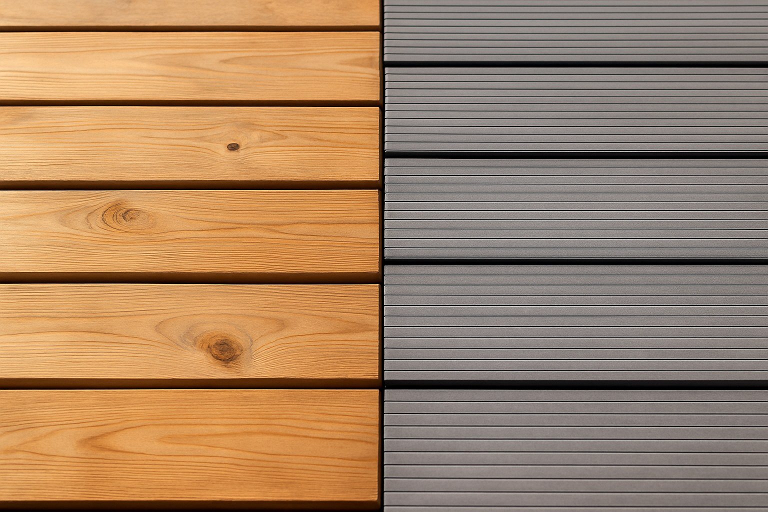 Comparativa de baldosas de tarima de madera natural y composite WPC gris