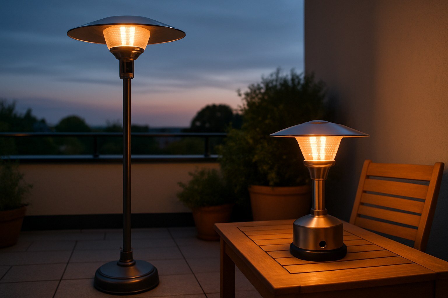 Comparativa de estufa de pie y estufa de mesa en una terraza al anochecer