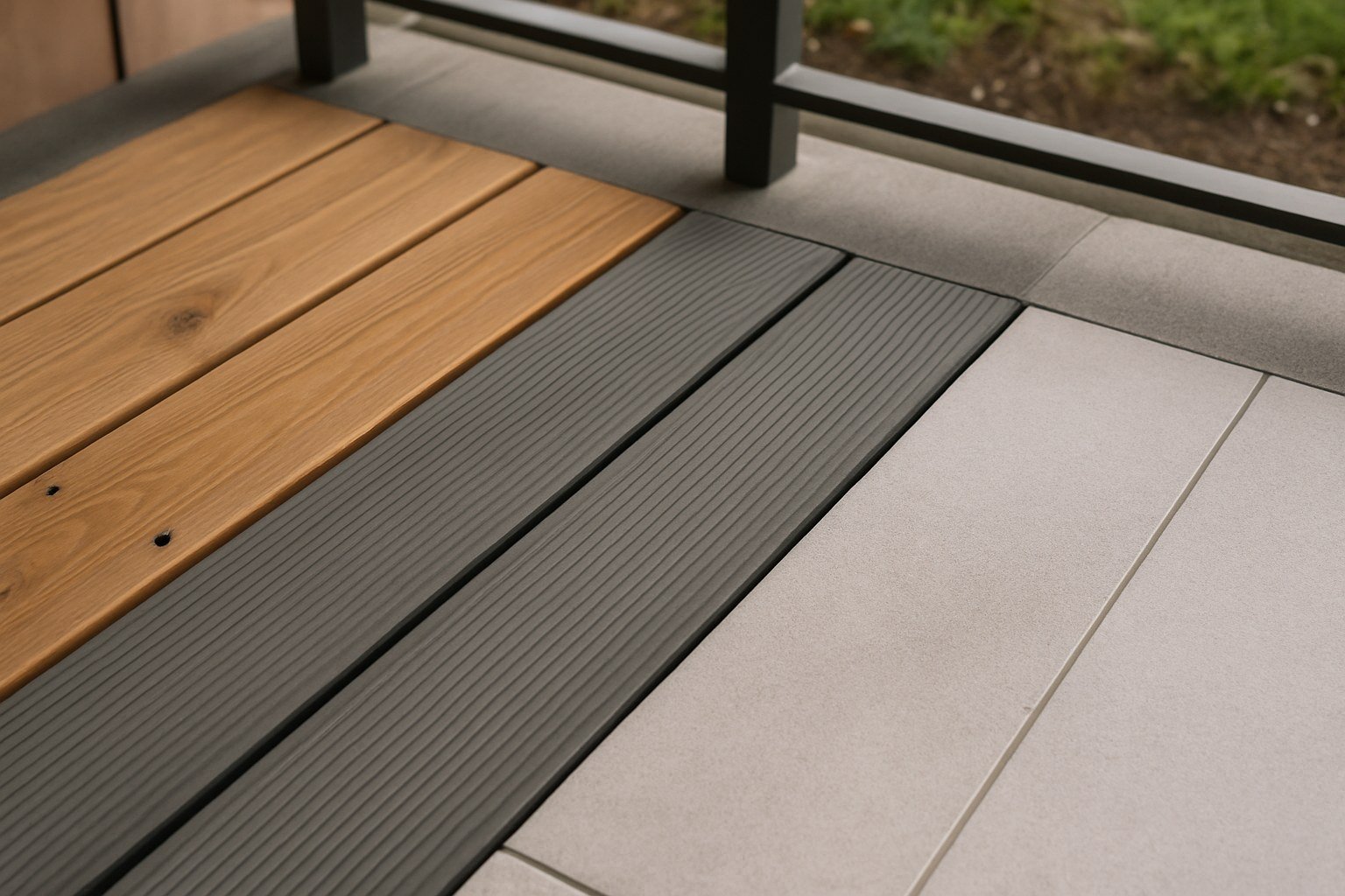 Comparativa de tarima de madera, suelo composite y baldosa de porcelánico para terraza