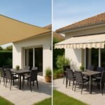 Comparativa visual de una vela de sombra triangular y un toldo retráctil en una terraza