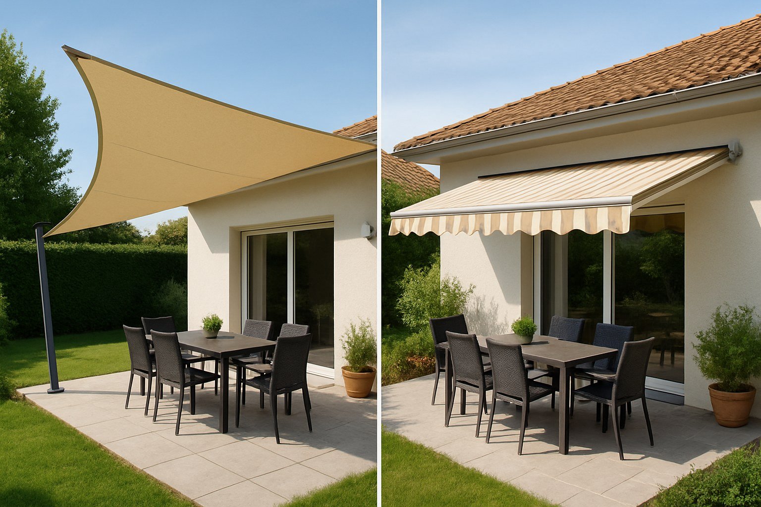 Comparativa visual de una vela de sombra triangular y un toldo retráctil en una terraza