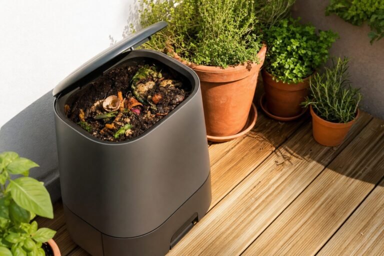 Compostador compacto para balcón o terraza con restos de cocina compostándose
