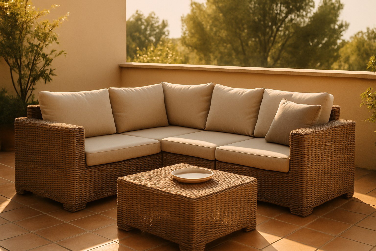 Conjunto de sofá de ratán sintético con cojines en una terraza
