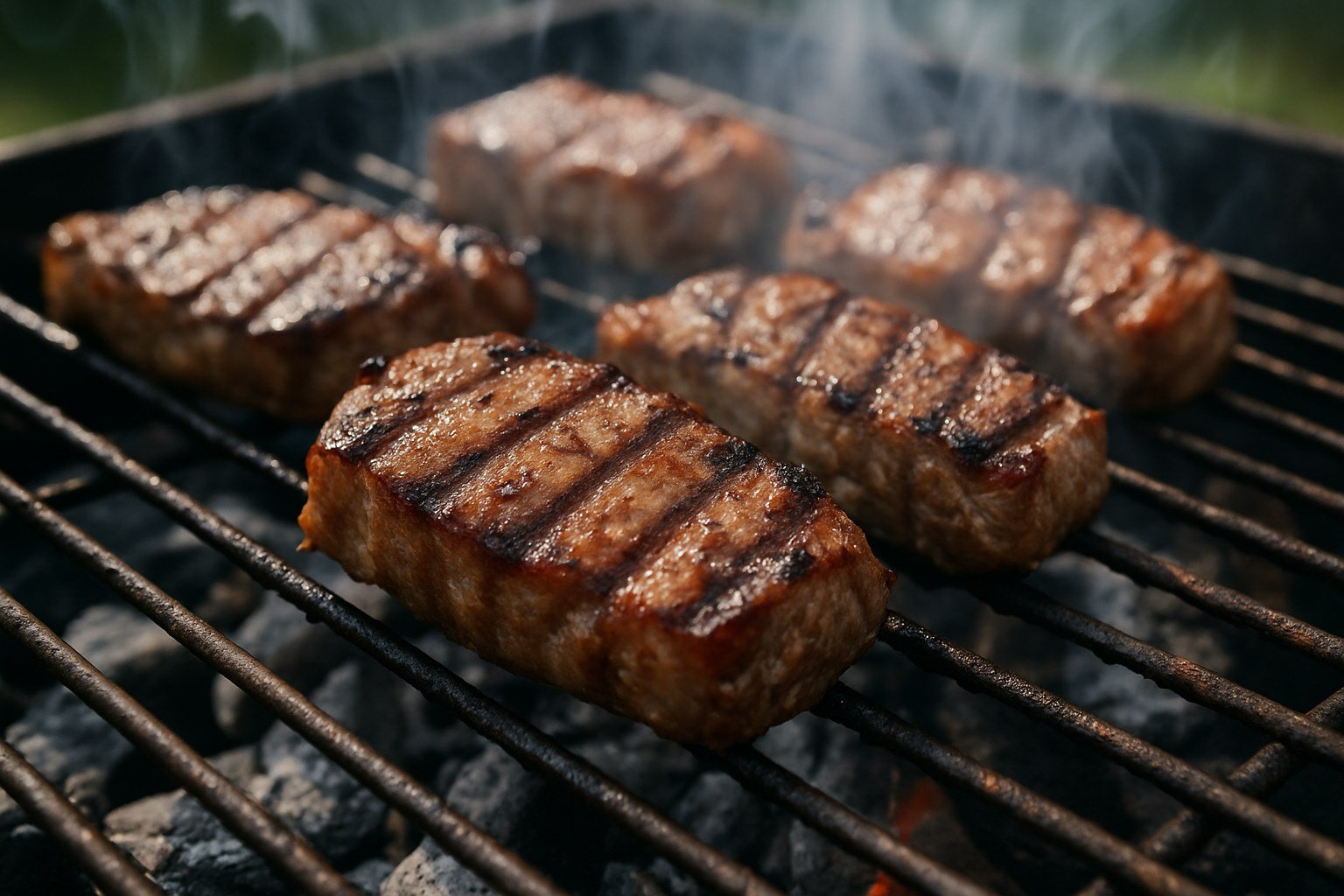 Detalle de carne asándose sobre carbón en una barbacoa, humo visible