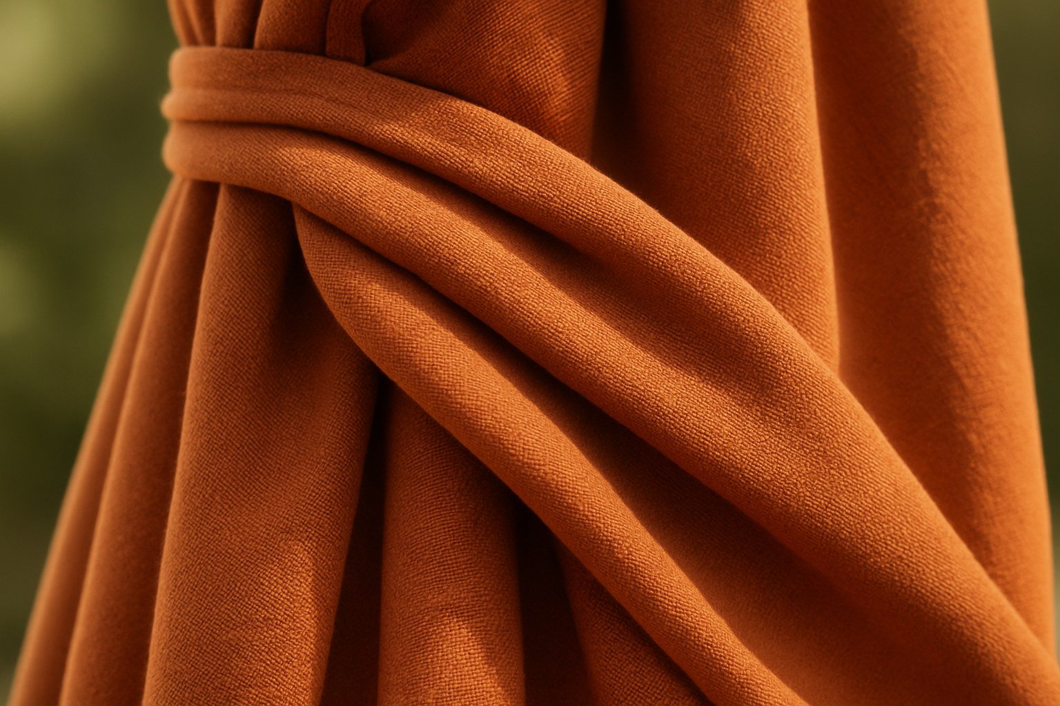 Detalle de la lona de una sombrilla de jardín plegada, color terracota