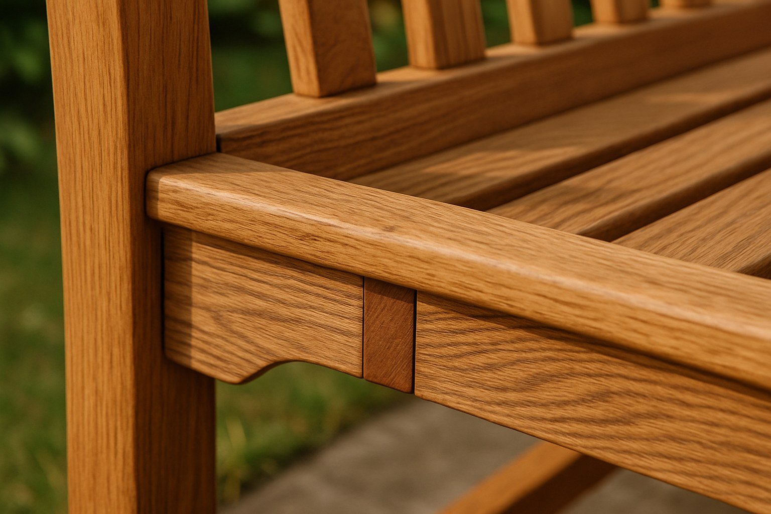 Detalle de la textura y el ensamblaje de madera de un banco de jardín