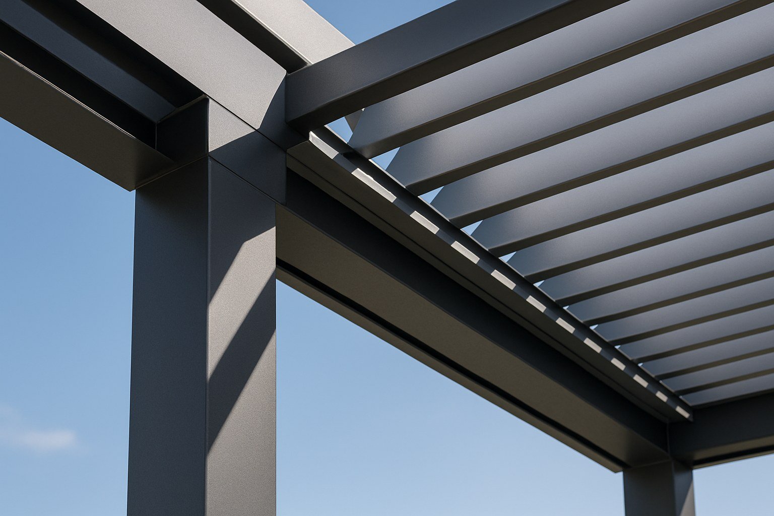 Detalle de las vigas estructurales y el techo de lamas de una pérgola de aluminio