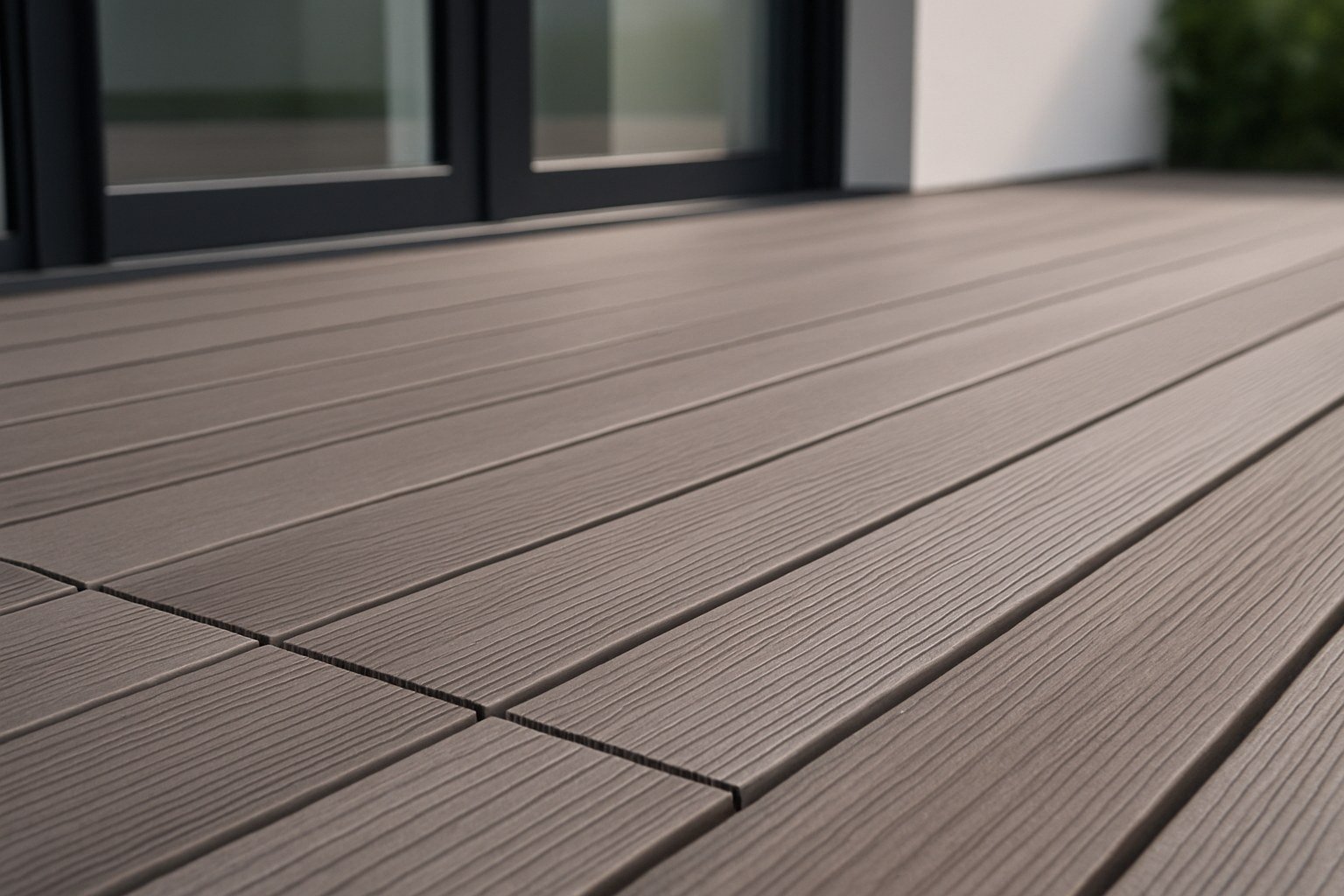 Detalle de suelo composite en una terraza moderna, tonos grisáceos