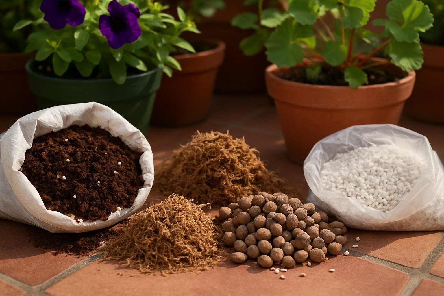 Distintos sustratos de cultivo en montones o bolsas junto a plantas de terraza