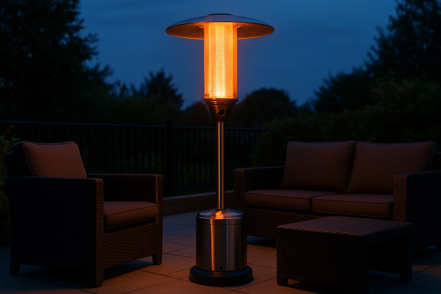Estufa de exterior de pie encendida junto a muebles de terraza al anochecer