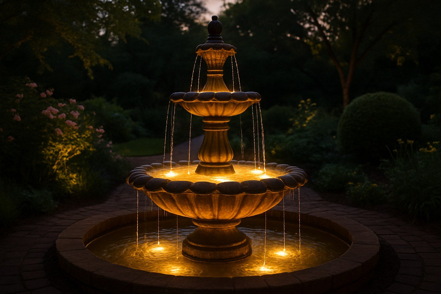 Fuente de jardín iluminada con luces LED cálidas al anochecer