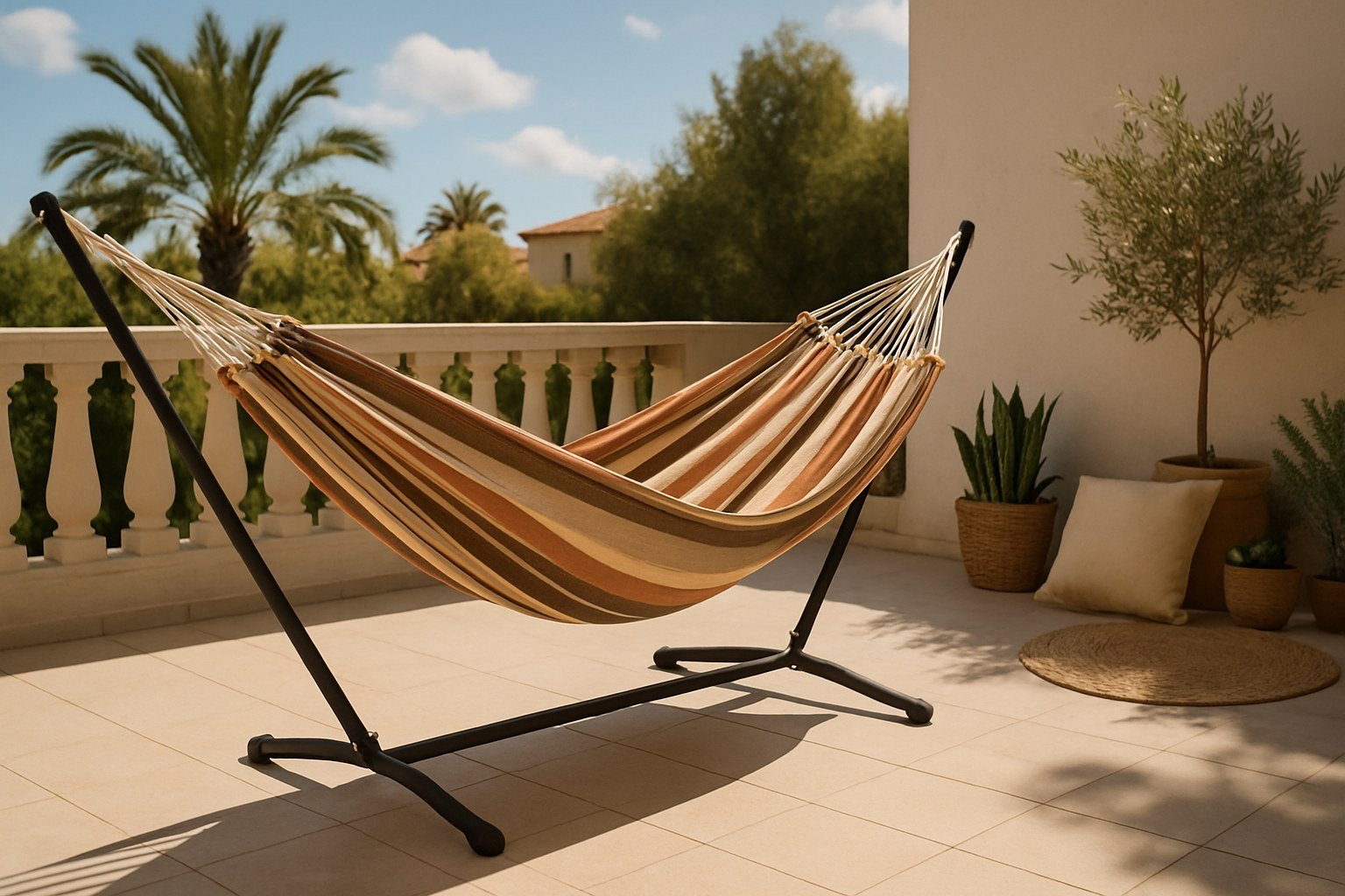 Hamaca con soporte metálico instalada en una terraza soleada
