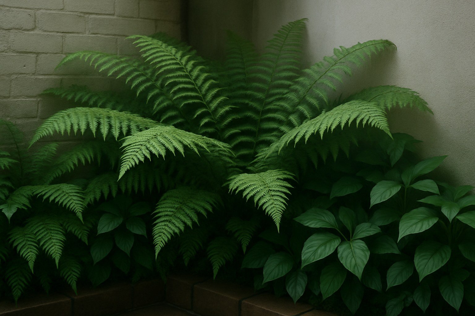 Helechos y plantas de hoja verde de sombra en una esquina de terraza orientada al norte