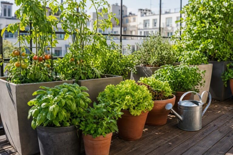 Huerto urbano en macetas sobre una terraza con tomates, lechugas y hierbas
