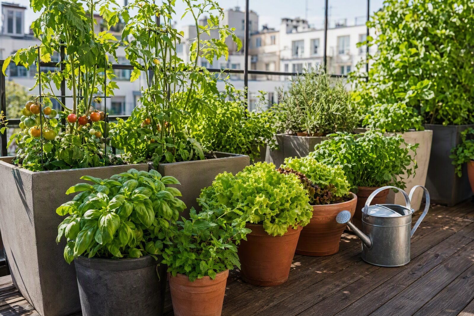 Huerto urbano en macetas sobre una terraza con tomates, lechugas y hierbas
