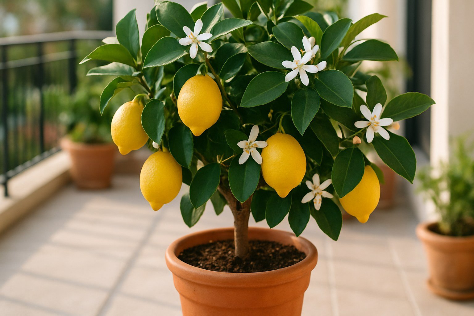 Limonero en maceta con limones maduros y flores blancas en una terraza
