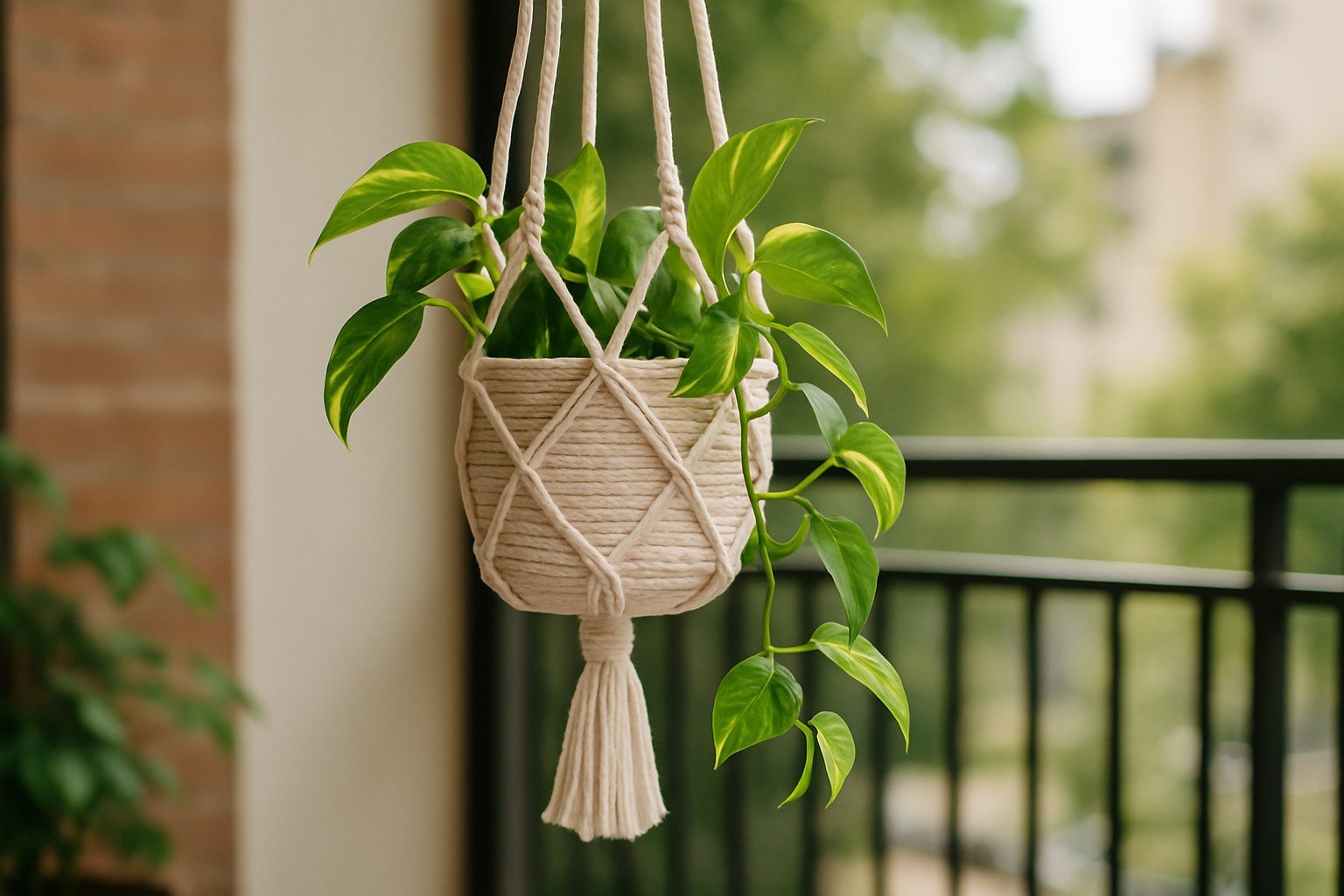 Macetero colgante de macramé con una planta pothos trepadora en un balcón