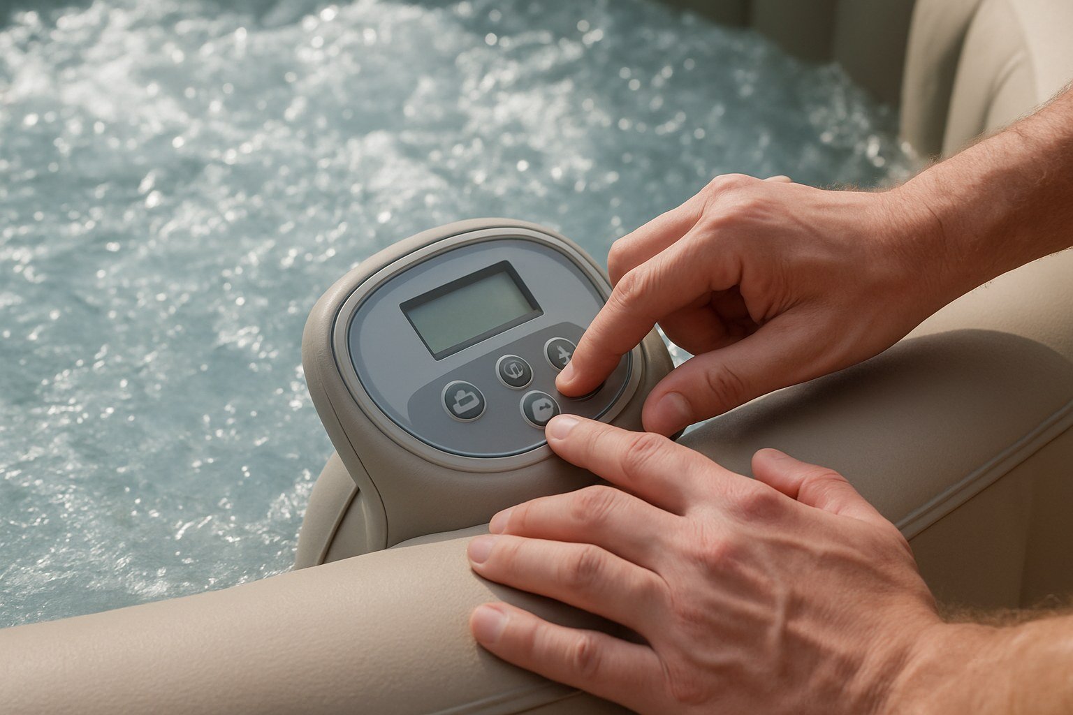Manos ajustando el panel de control de un spa hinchable, con burbujas de agua visibles
