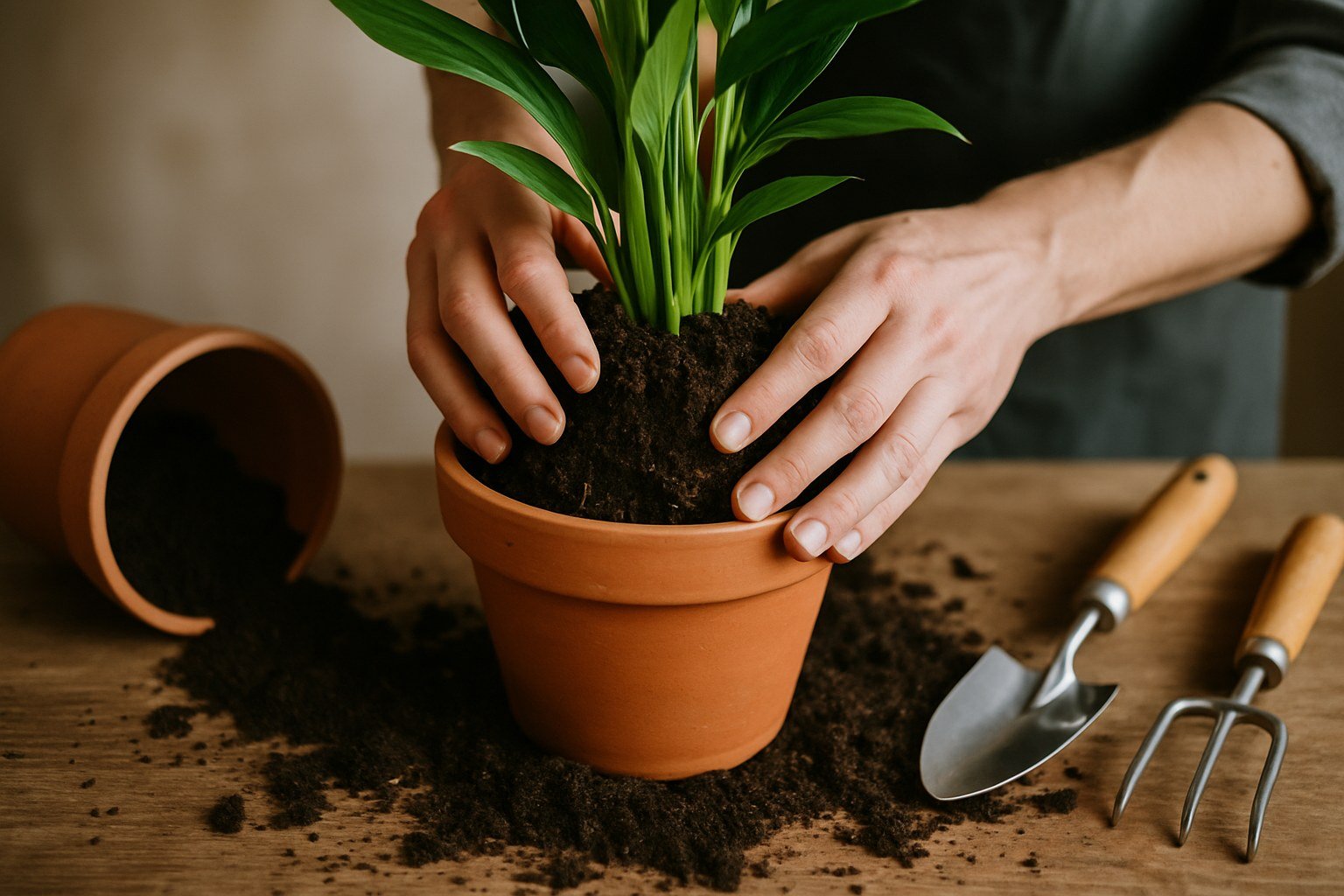 Manos trasplantando una planta verde a una maceta de terracota más grande