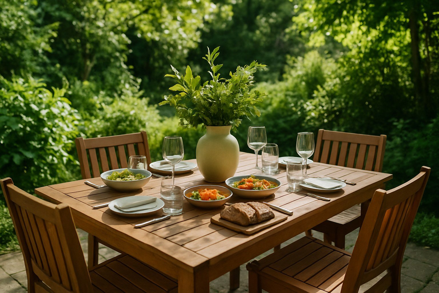 Mesa de jardín de madera puesta para una comida al aire libre rodeada de vegetación