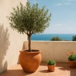 Olivo en maceta en una terraza mediterránea soleada