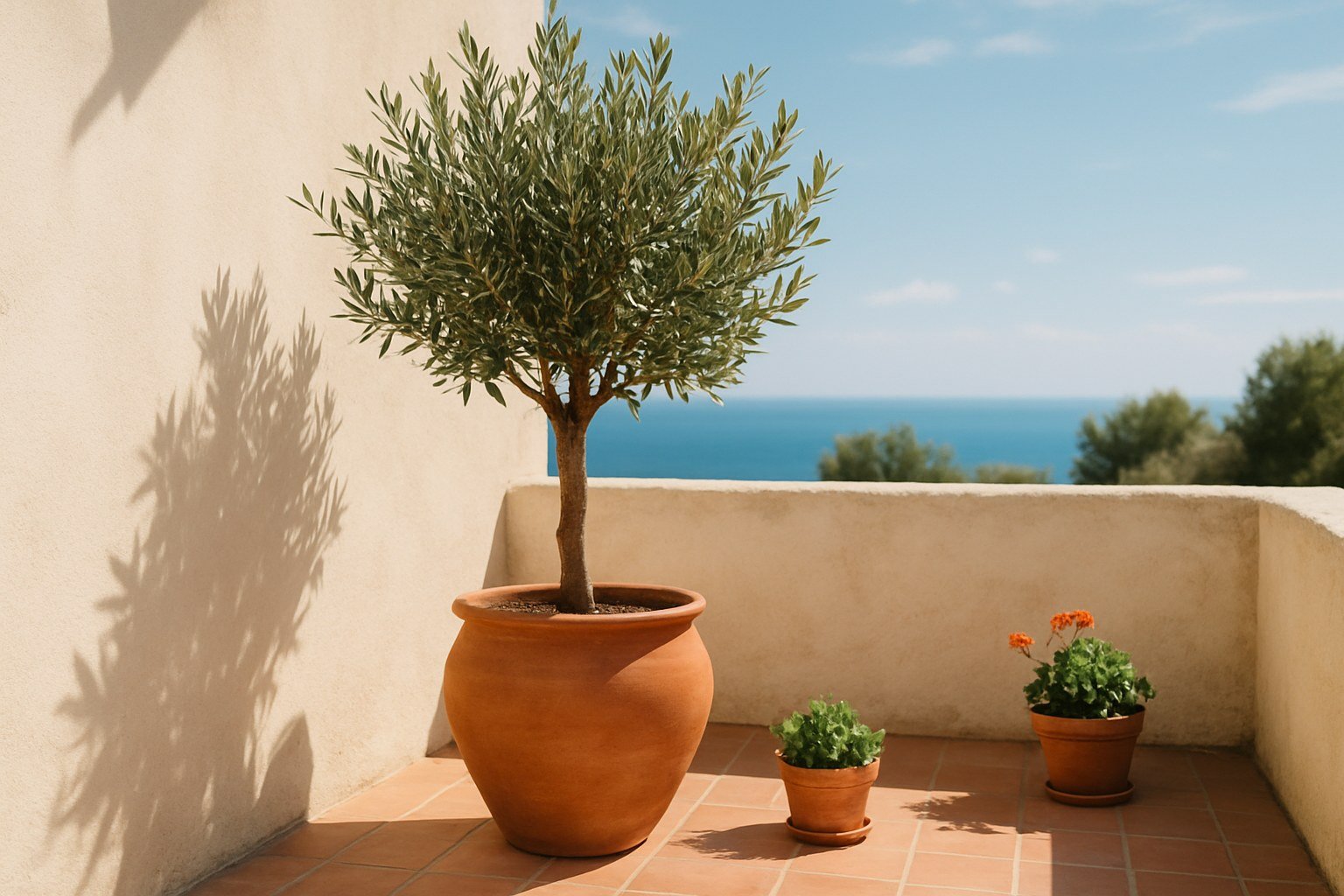 Olivo en maceta en una terraza mediterránea soleada