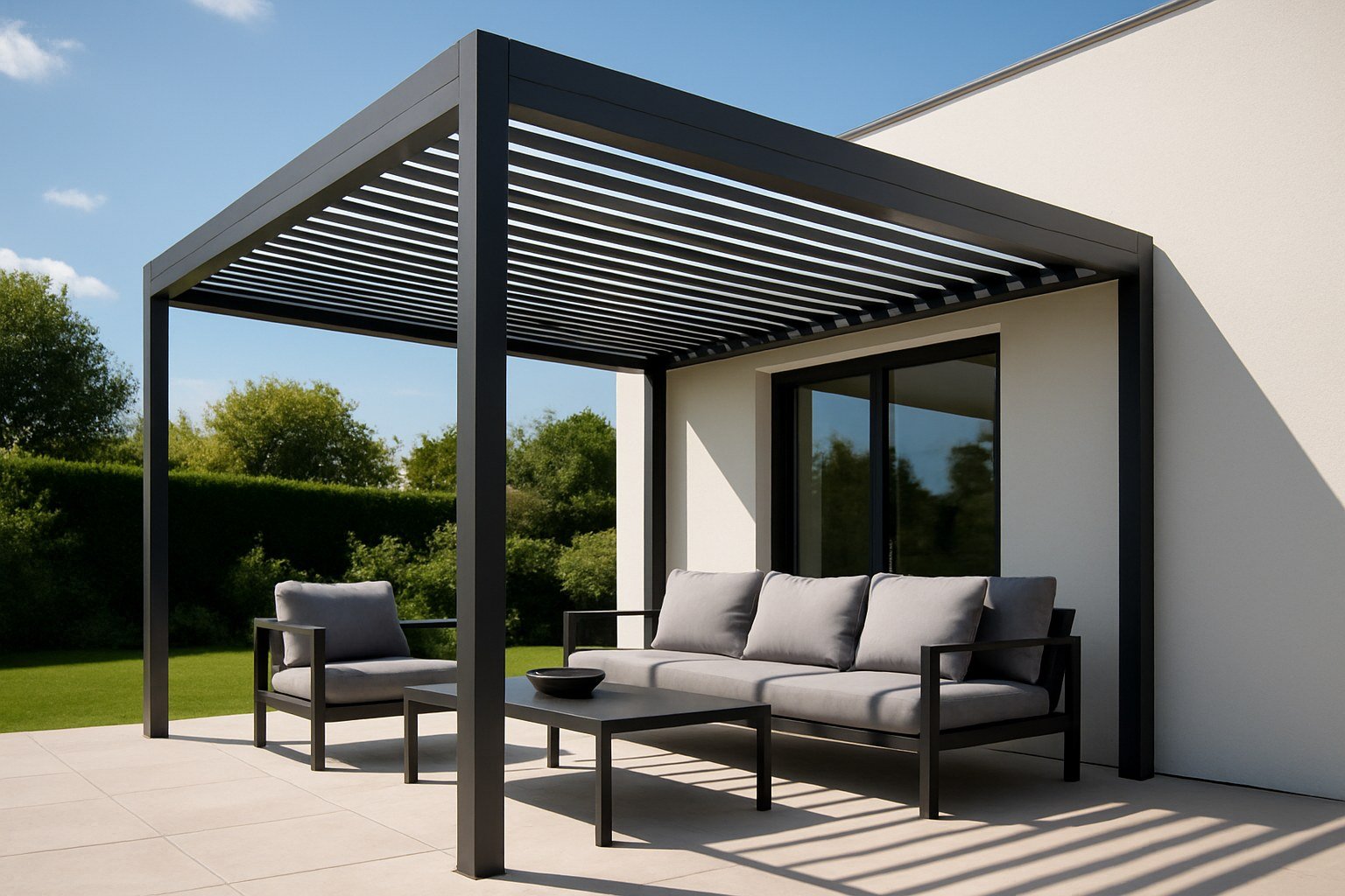 Pérgola de aluminio moderna con techo de lamas sobre una zona de estar de terraza