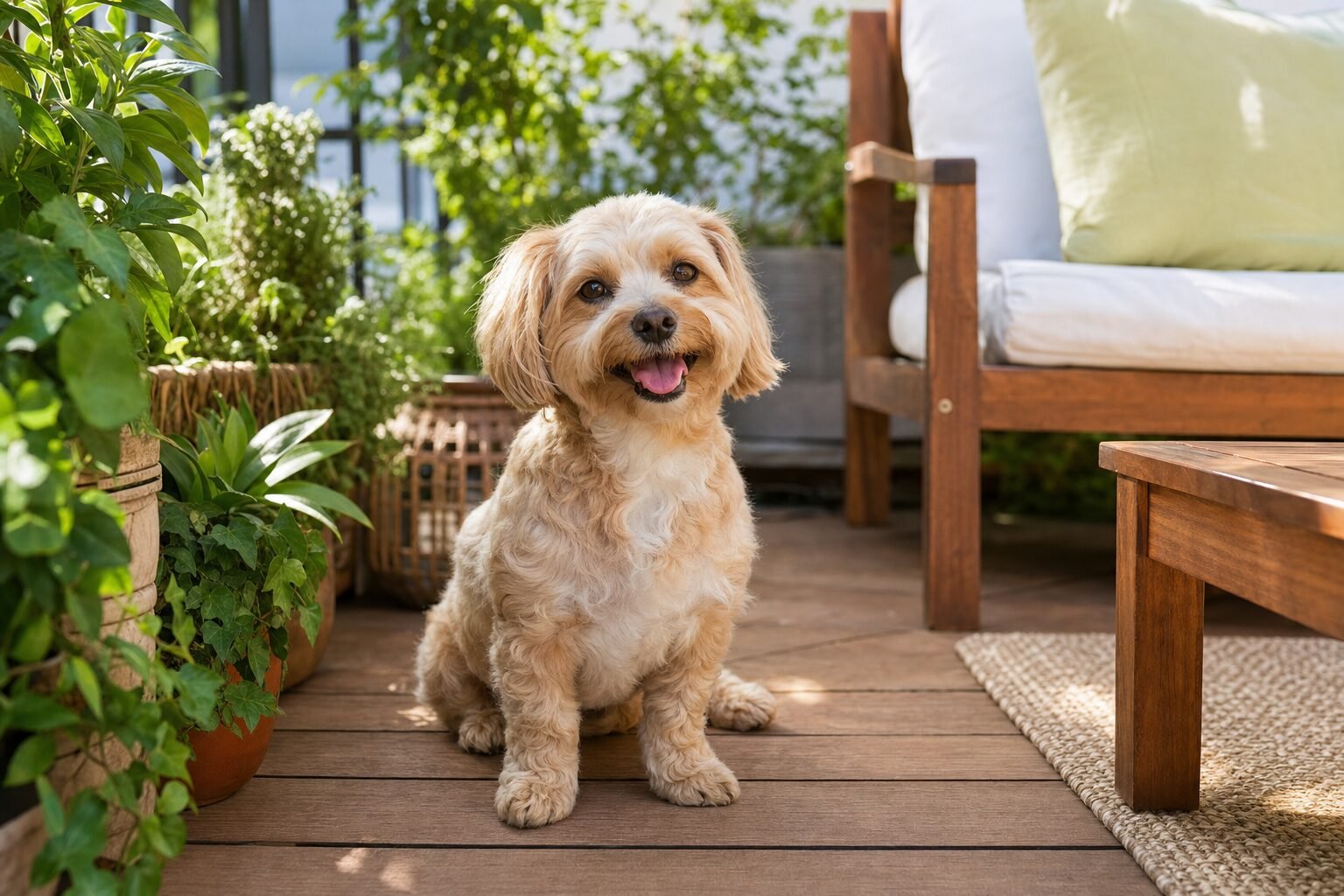 Perro pequeño en una terraza rodeado de plantas