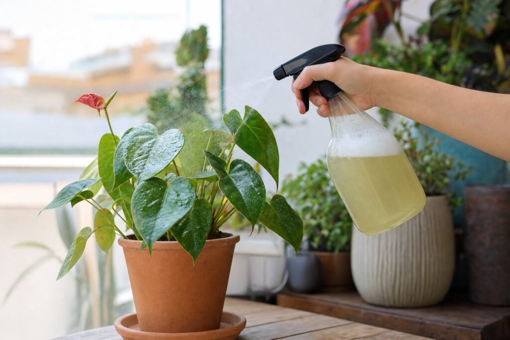 Pulverizar jabón potásico sobre una planta de terraza