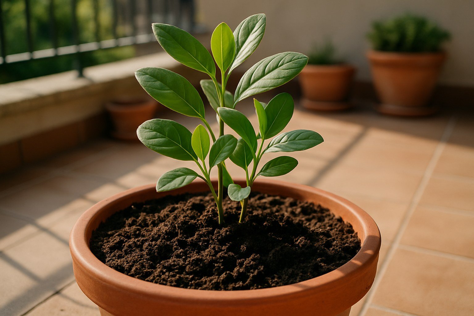 Planta recién trasplantada con tierra fresca visible en una maceta más grande