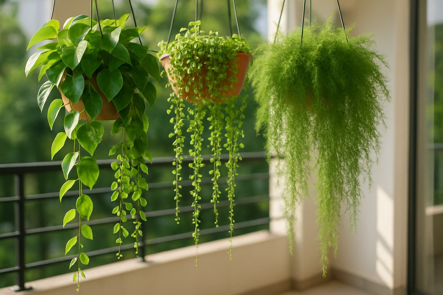 Plantas colgantes verdes cayendo desde macetas suspendidas en una terraza