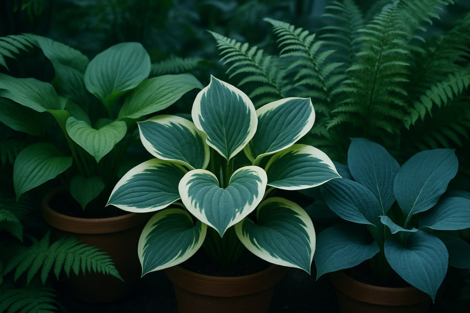 Plantas de sombra como hostas y helechos en macetas con luz difusa