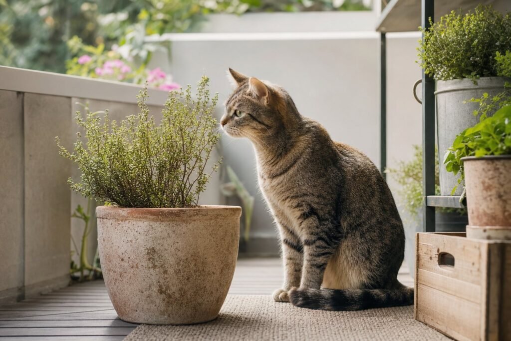 Gato en una terraza cerca de macetas con plantas