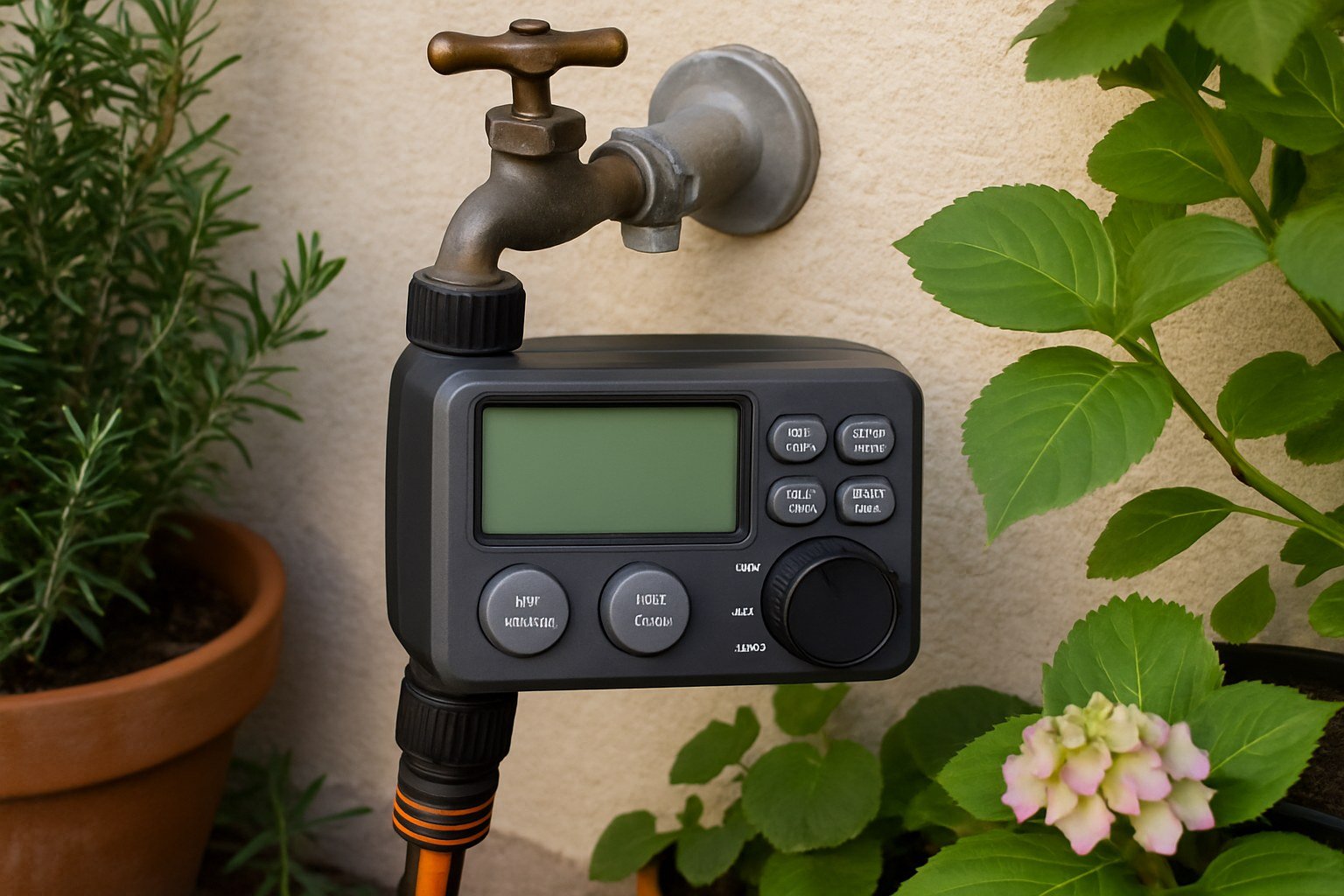 Programador de riego conectado a un grifo exterior junto a plantas de terraza