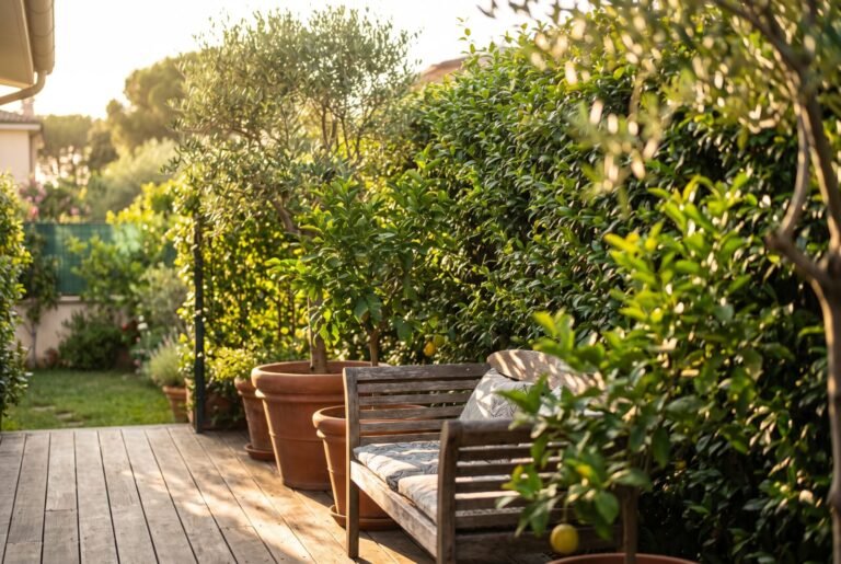 Terraza con seto de plantas y macetas de barro que crean privacidad natural