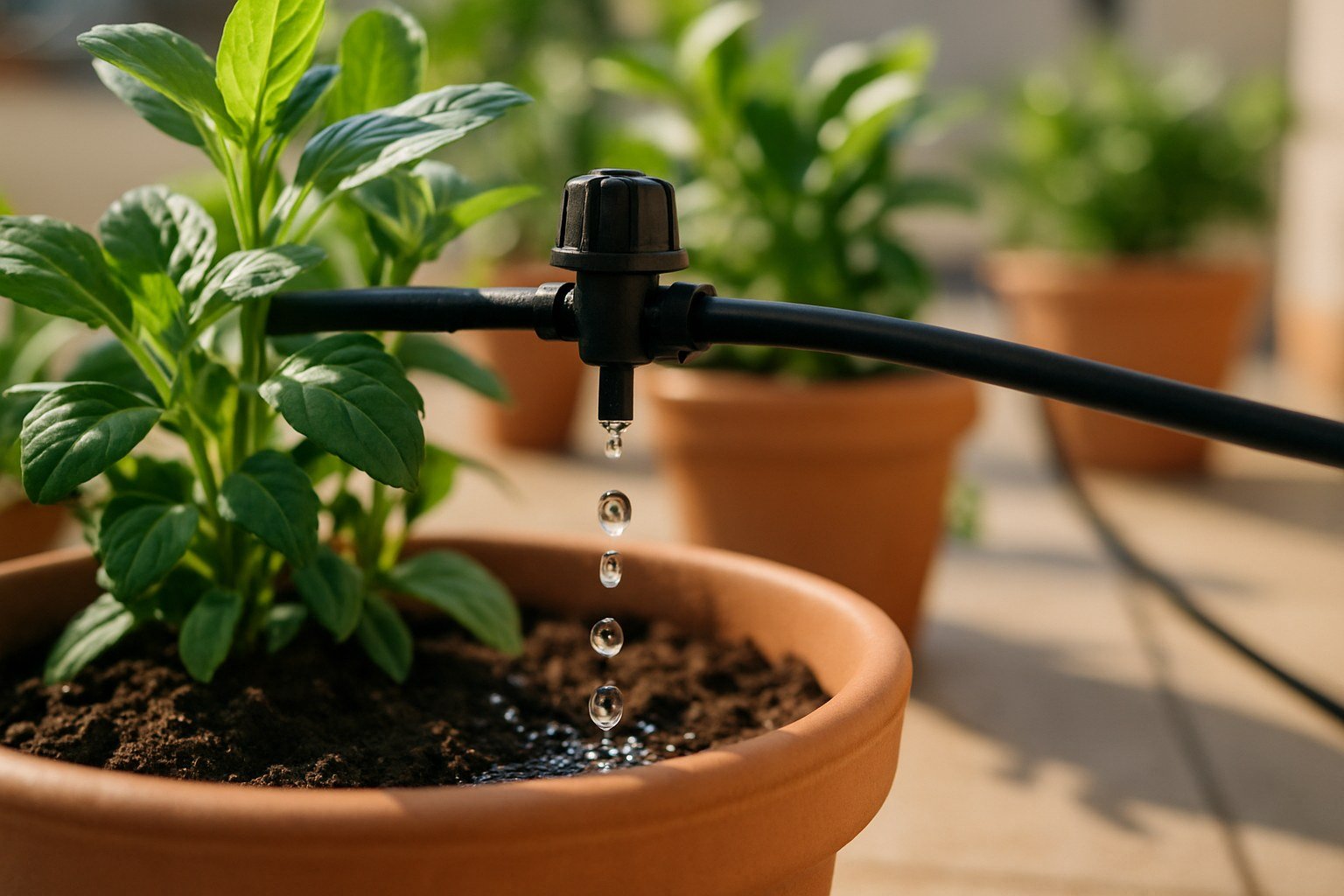 Sistema de riego automático por goteo regando plantas en maceta en una terraza