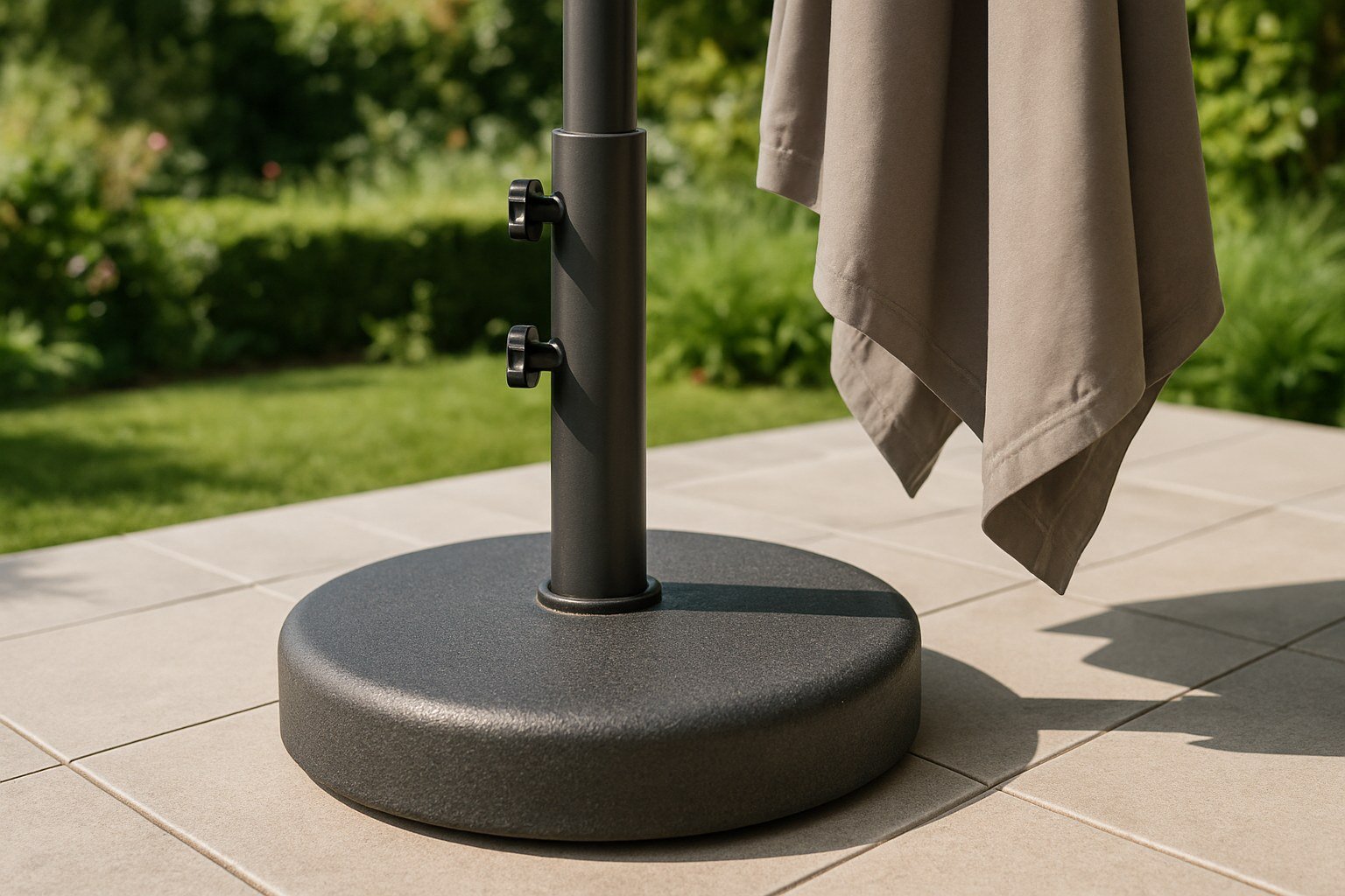 Sombrilla de jardín con base de peso pesada en una terraza, detalle de base y mástil