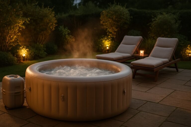 Spa hinchable instalado en una terraza de jardín con tumbonas cerca y vapor saliendo del agua