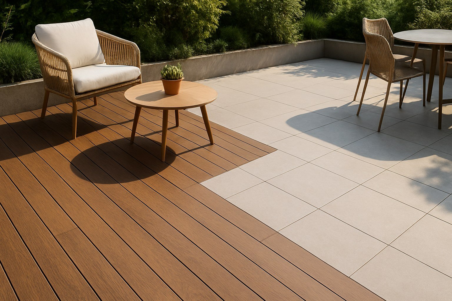 Suelo de terraza combinando tarima de madera y baldosa de porcelánico en distintas zonas