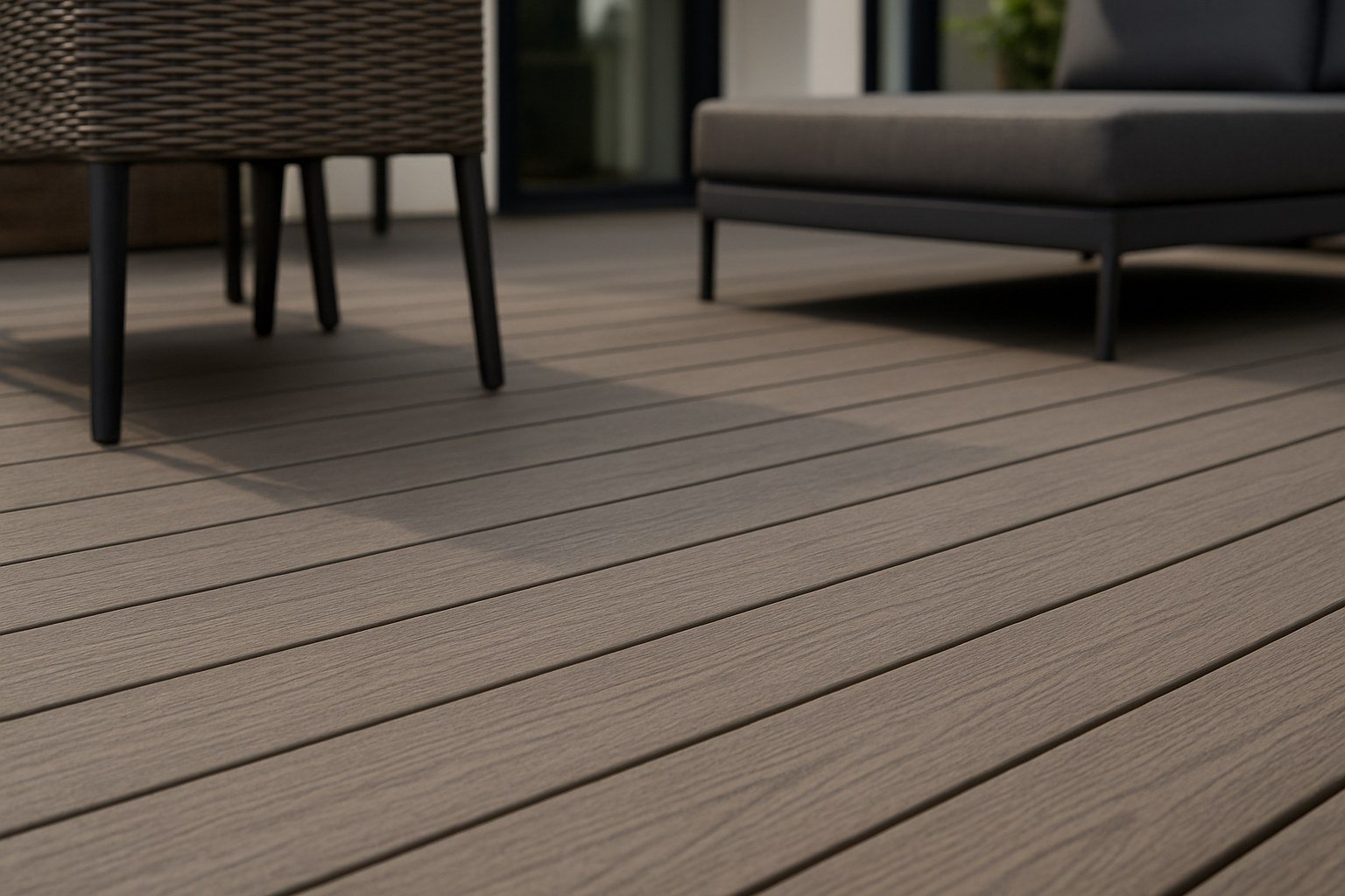 Tablones de suelo composite en tonos grisáceos en una terraza moderna